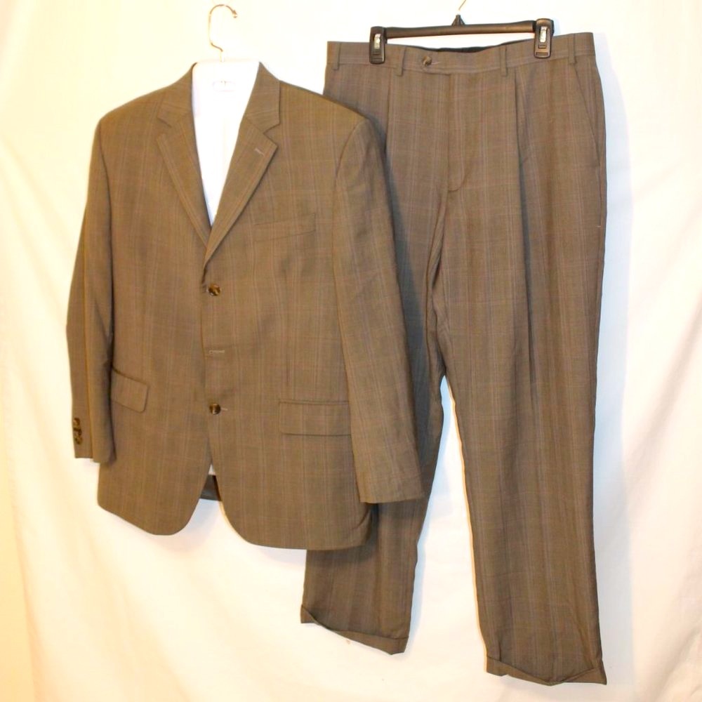 MEN BROWN PLAID MICHAEL KORS BLAZER PANTS SUIT SIZE 42R 100% WOOL ROLLED CUFFS